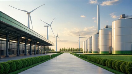 Obraz premium Oil Production Facility Featuring Wind Turbines and Modern Architecture