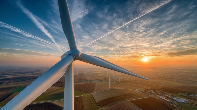 Wind turbine generating clean renewable energy at sunset sustainable technology environmental progress future power green landscape dramatic sky clouds electricity production