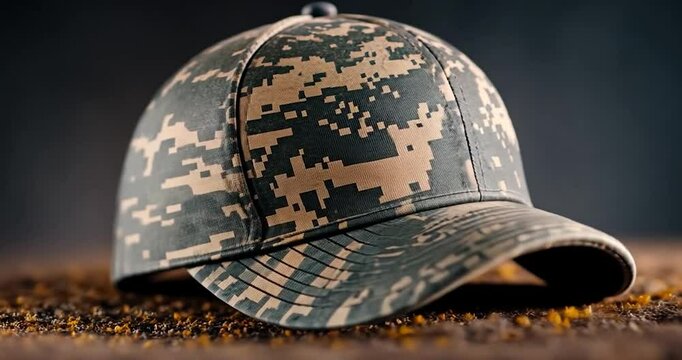 Camouflage baseball cap on a dark earthy surface with detailed textures and a blurred background. Dramatic lighting emphasizes the cap's pattern and form. This is a video screen capture