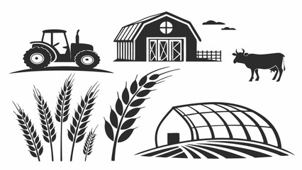 Farm Life Tractor, Barn, Wheat, Cow, Greenhouse Illustrations