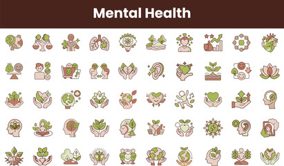 A colorful collection of mental health icons representing well-being, self-care, and nature with a soothing palette, emphasizing the importance of mental wellness.