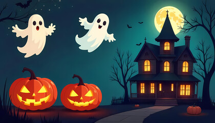 Spooky Halloween Night: Haunted House, Ghosts, and Jack-o'-Lanterns
