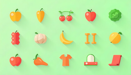 Vibrant Healthy Lifestyle Icons: Fruits, Vegetables, Fitness & Wellness