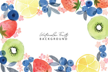 Set of summer fruits watercolor art pattern frame background. Sweet kiwi, strawberry, blueberry and lemon in frame.Summer fruits pattern. Fruit berry background. Watercolor fruit texture