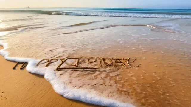 Ocean wave washes away happy friday text from sandy beach at sunset