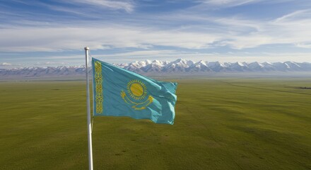 Kazakhstan Flag Waving in the Wind with Snowy Mountains and Gree