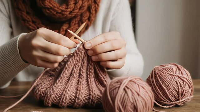 Woman knitting a warm hat with yarn and wooden needles indoors