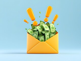 3D icon of an envelope with cash inside and alert marks, suitable for depicting payment reminders, financial messages, salary notifications, and online banking visuals