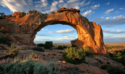 Magnificent rock arch landscape under a cloudy sky in warm sunlight