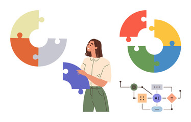 Woman holding a large puzzle piece, colorful circular puzzle diagrams, and an AI process flowchart. Ideal for teamwork, collaboration, decision-making, creativity, problem-solving, innovation and AI
