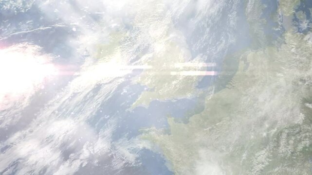 Earth zoom in from space and focus on Clevedon, England, South West England, Great Britain. Background for travel intro or blog. Satellite view. 3D style Animation. Images from NASA.