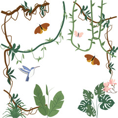 Set of colorful tropical lianas and jungle plants with birds and flowers. Flat cartoon-style climbing vines, twigs, and exotic foliage elements on white backgroun. Vector illustrations for web design,