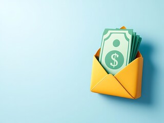3D envelope with green cash inside and exclamation marks. Perfect for illustrating payment, bonuses, finance apps, salary notifications, or online transaction messages