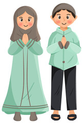 illustration of a muslim couple wearing islamic attire standing and giving greeting gestures 