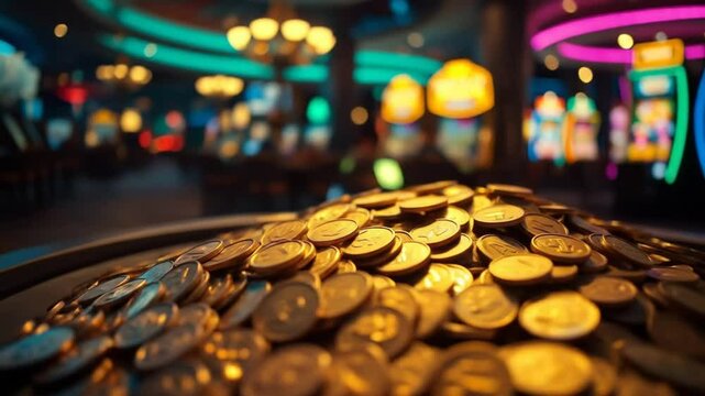 Stacks of shining gold coins in a casino. The concept of money, wealth and luck. Casino slot machines, gambling, games, betting, winning, jackpot. 4k video