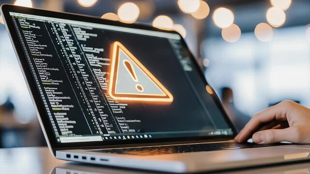 Laptop displaying code and warning sign with hand on keyboard