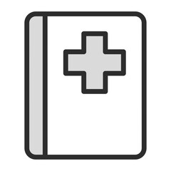 Obraz premium Medical Book or Health Record Icon. Filled line illustration of a book with a medical cross on the cover. Editable vector for healthcare education, patient history, or medical literature.