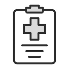 Medical Report or Patient Clipboard Icon. Filled line illustration of a clipboard with a medical cross and text. Editable vector for healthcare, diagnosis, or health records
