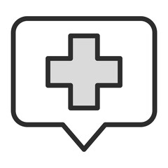 Medical Cross in Speech Bubble Icon. Filled line illustration of a healthcare symbol within a chat balloon. Editable vector for health advice, hospital location, or emergency communication.