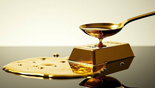 Molten Gold Liquid Pours on Gold Bullion.