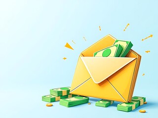 3D envelope with green cash inside and exclamation marks. Perfect for illustrating payment, bonuses, finance apps, salary notifications, or online transaction messages