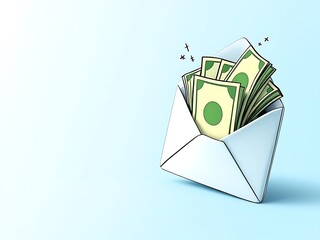 3D envelope with green cash inside and exclamation marks. Perfect for illustrating payment, bonuses, finance apps, salary notifications, or online transaction messages