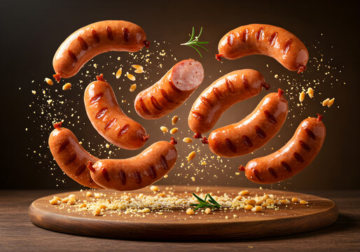 Grilled Sausages Flying Above Rustic Table with Farofa Grains

