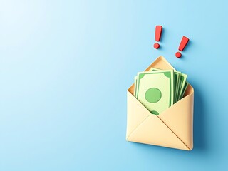 3D envelope with green cash inside and exclamation marks. Perfect for illustrating payment, bonuses, finance apps, salary notifications, or online transaction messages