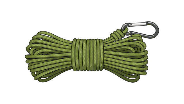 Illustrative coiled green rope with carabiner clip for outdoor adventure activities