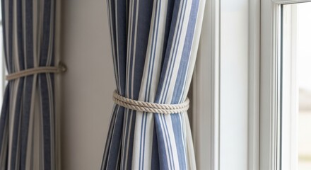 Classic Hamptons striped curtains with rope tiebacks, timeless coastal window treatment perfect for interior design and lifestyle social media posts