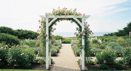 Romantic Hamptons garden archway with coastal pathway, elegant outdoor wedding venue and seaside estate perfect for event and real estate marketing