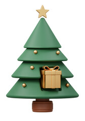 3D Christmas Tree With Golden Gift On Transparent Background Festive