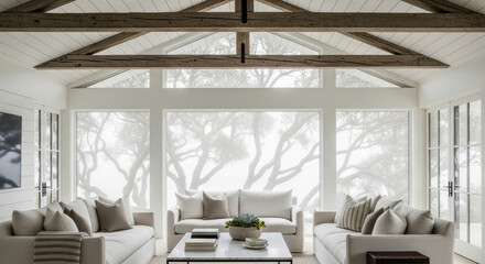 Fototapeta premium Hamptons Living Room with Exposed Beams and Ocean Views - Coastal Interior Design for Website Headers