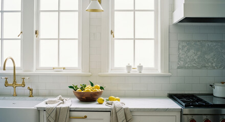 Hamptons Kitchen with White Cabinetry and Brass Fixtures - Coastal Interior Design for Website Headers