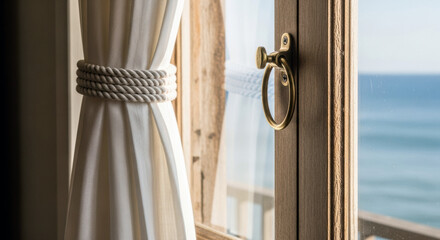 Coastal Window with Ocean Views and Rope Curtain Tie - Hamptons Interior Design