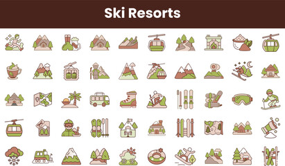 A vibrant collection of ski resort icons, featuring mountains, ski lifts, and winter sports gear, showcasing the fun and adventure of a snowy getaway.