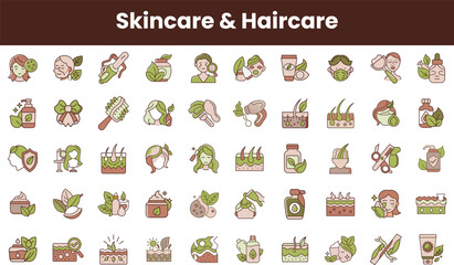 A diverse collection of skincare and haircare icons, featuring natural elements, beauty products, and restorative practices, creating a harmonious and calming aesthetic.