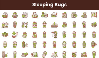 Illustration of various sleeping bag designs, highlighting utility and outdoor activities. The colorful icons evoke a sense of adventure and comfort suitable for camping.