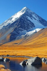 Majestic Snow-Capped Mountain and Golden Field Scenery