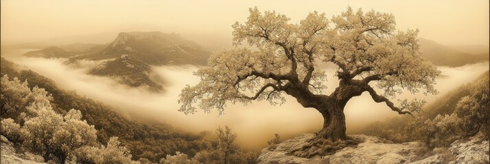 Majestic Tree Overlooking Foggy Mountain Landscape