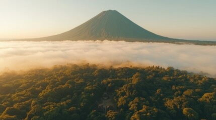Majestic Volcano Rising Above Sea of Clouds, Island Landscape