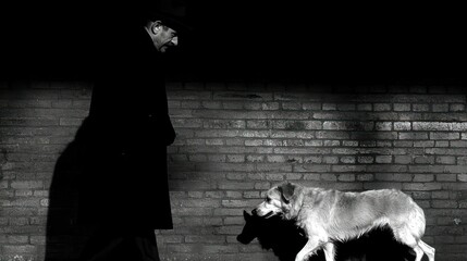 Man in Hat Walks His Dog Along a Brick Wall
