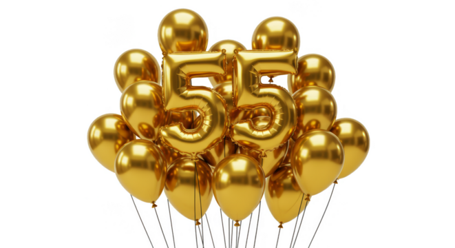 3D Render of Golden Balloons Number 55 Birthday Anniversary Party