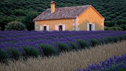 Golden sunlight illuminates a traditional stone house nestled amidst rows of vibrant lavender, creating a picturesque scene in the French countryside during the summer bloom - Powered by Adobe