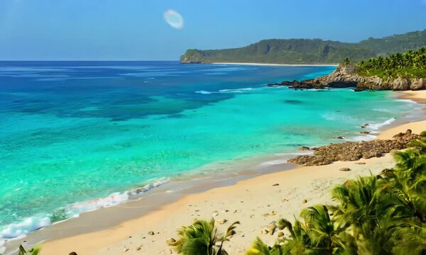 tropical beach with blue sky and plum treen arial view.ai 