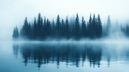 Misty Lake and Evergreen Forest Reflections