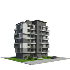 3d Render of Modern Apartment Building Exterior with Balconies Cars