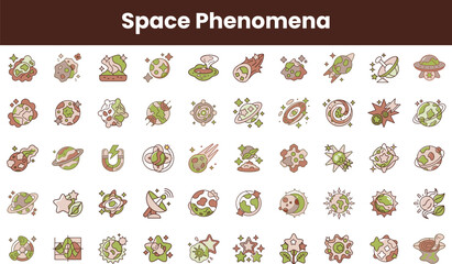 A colorful illustration of various space phenomena including planets, stars, and astronomical events, featuring a whimsical design with green and brown tones.