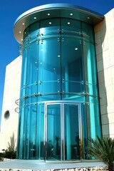 Modern Building Entrance with Blue Glass Facade