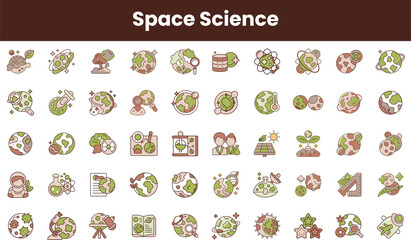 A colorful collection of space science icons showcasing planets, astronauts, and scientific tools, symbolizing exploration and environmental awareness.